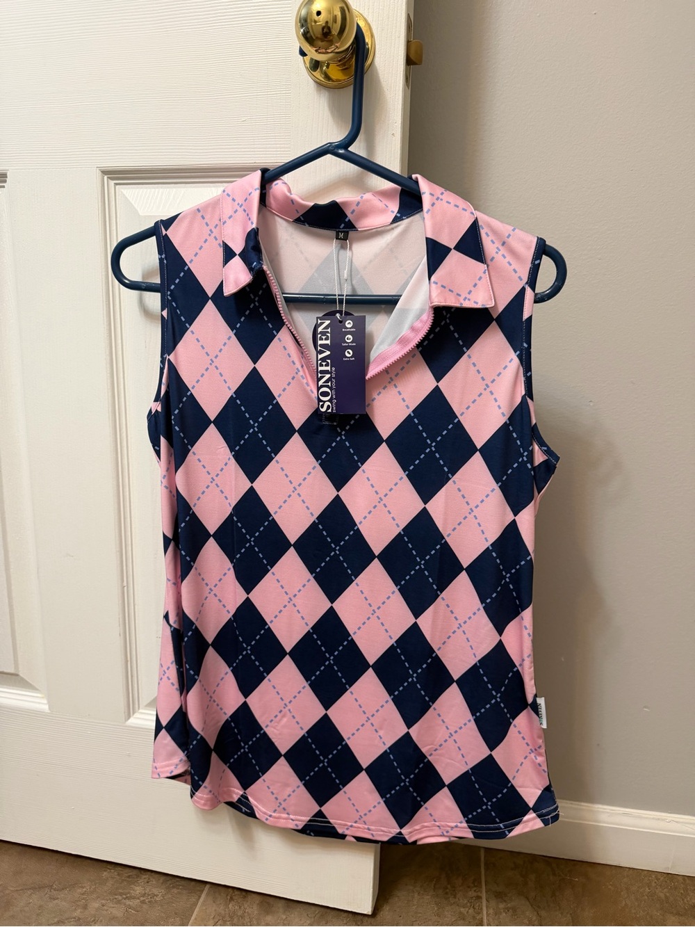 Pink & Navy Argyle Sleeveless Polo Tank Top